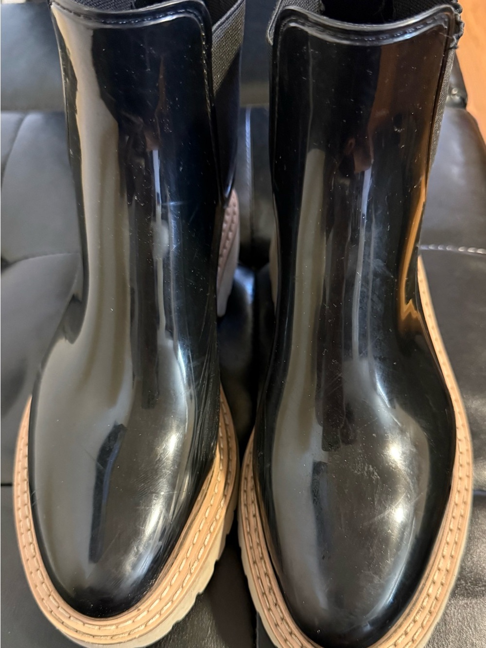 Dolce Vita Black Gloss Chelsea Rain Booties with Tan Trim